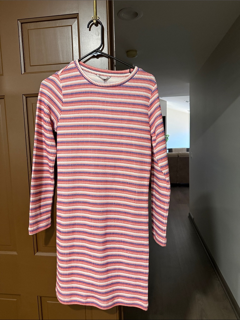 Striped Knit Long Sleeve Mini Dress - Pink, White & Purple Stripes